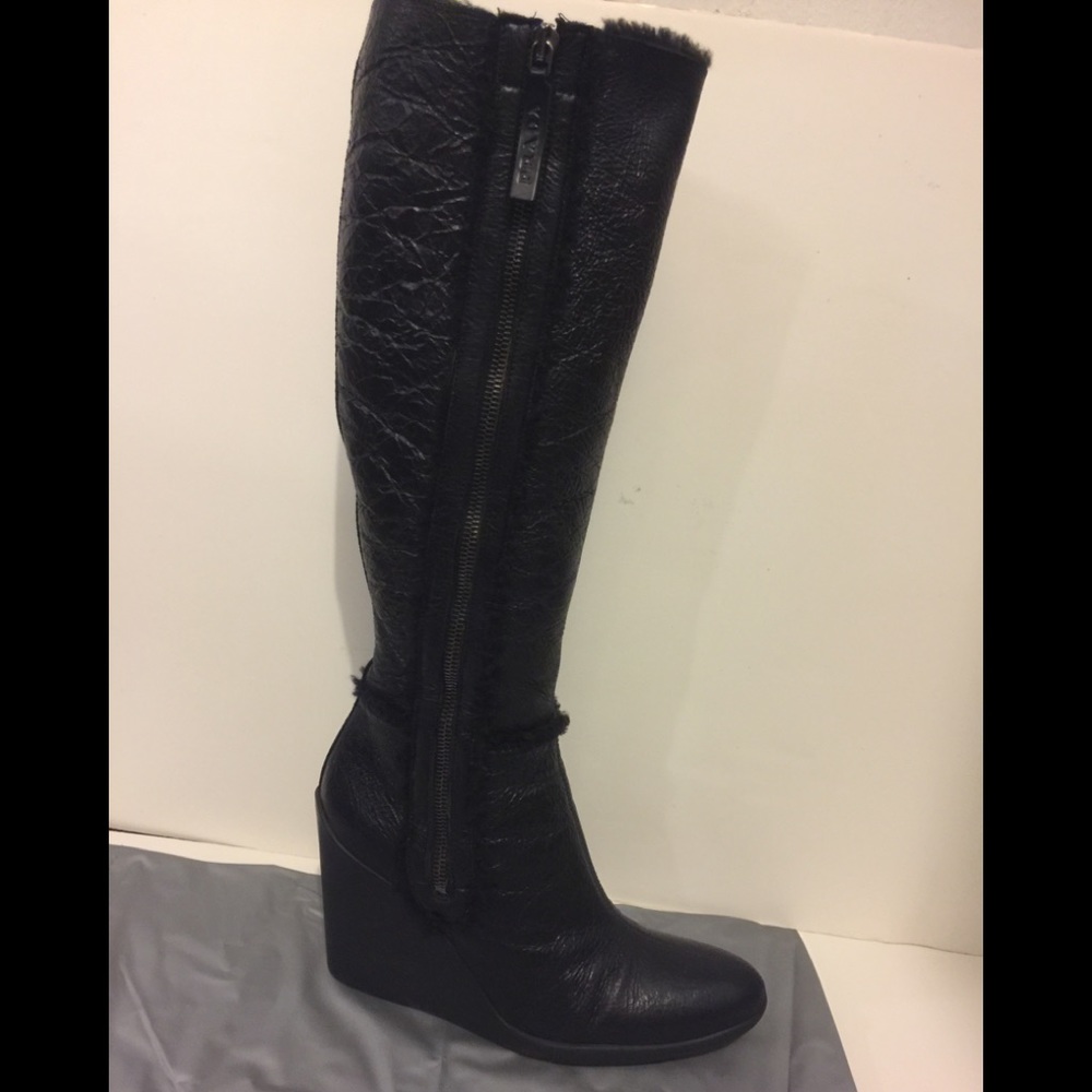 Prada Black Leather Shearling Wedge Boots